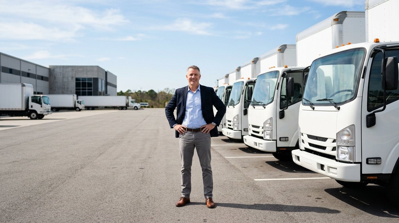 Transportation business owner standing next to a fleet of commercial trucks ready for financing