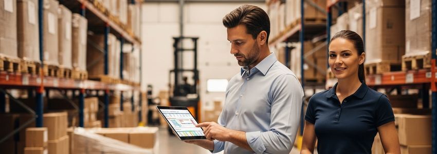 Transportation logistics manager reviewing freight schedules at a distribution warehouse