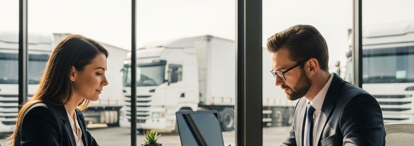 Transportation company owner reviewing financing documents at fleet office