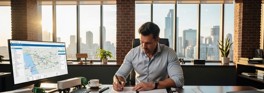 Trucking company owner reviewing transportation factoring documents and freight invoices at an office desk