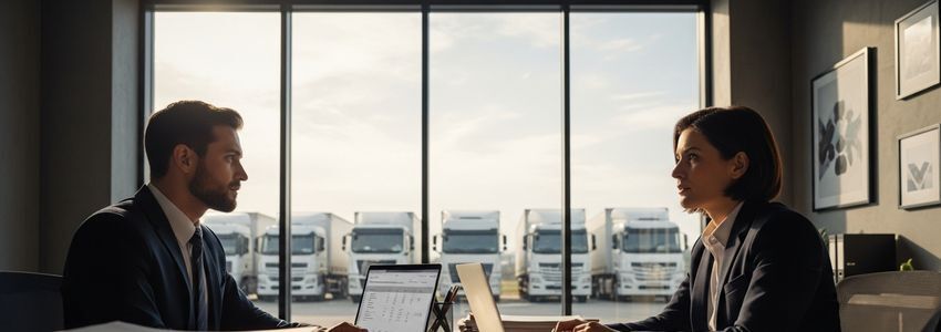 Transportation company fleet of trucks lined up at a logistics depot ready for dispatch
