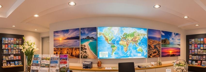 Travel agency office interior showing professional travel industry business environment