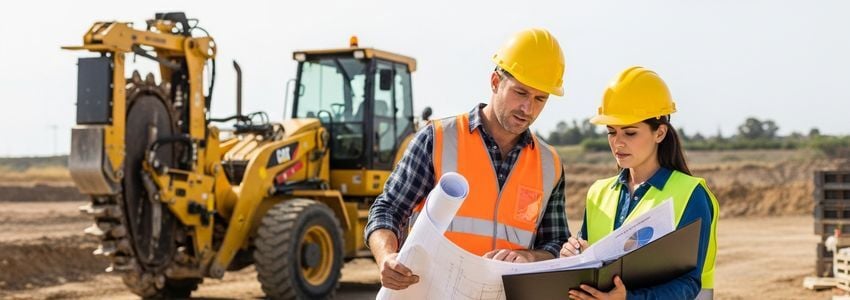 Construction workers reviewing trencher financing options at a job site