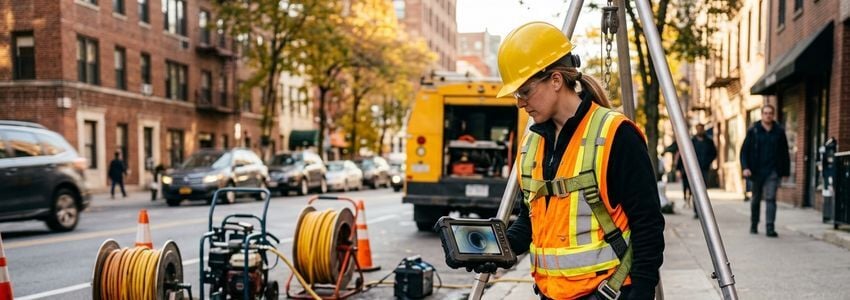 Trenchless pipe repair contractor operating CIPP lining equipment at a utility job site