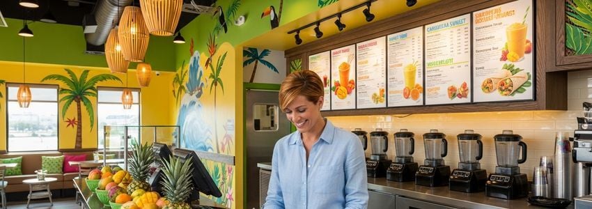 Tropical Cafe franchise owner reviewing financing documents at the counter of a smoothie cafe