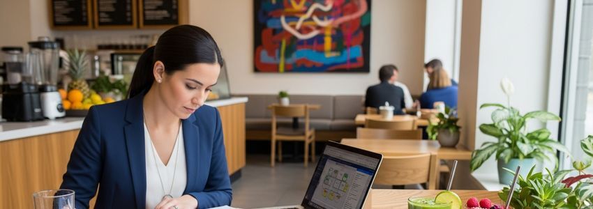 Tropical Smoothie Cafe franchise owner reviewing financing documents at a bright modern smoothie cafe location