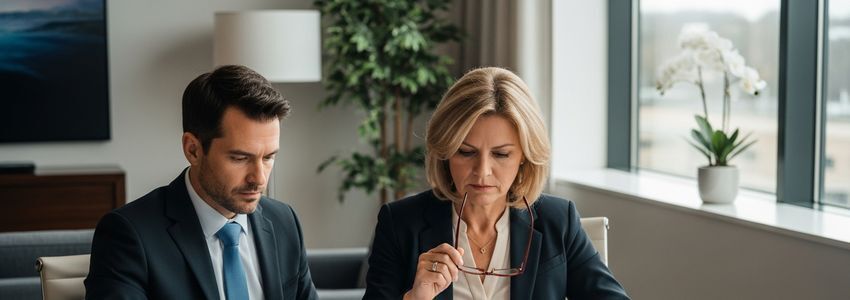 Hotel franchise owner reviewing financial documents at a desk in a modern hotel office
