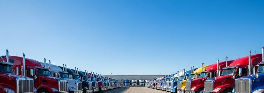 A fleet of semi-trucks at a commercial trucking depot representing the scale of the dispatching industry