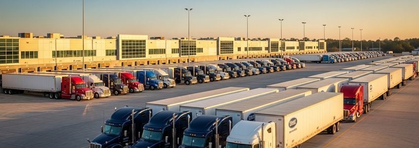 A fleet of commercial semi trucks at a trucking depot, illustrating the scale of owner-operator trucking operations that can be financed with truck driver loans