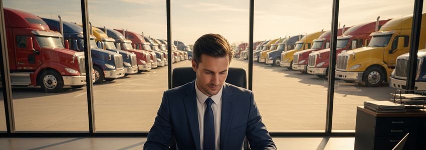 Fleet manager reviewing truck equipment lease documents with commercial trucks visible through office window
