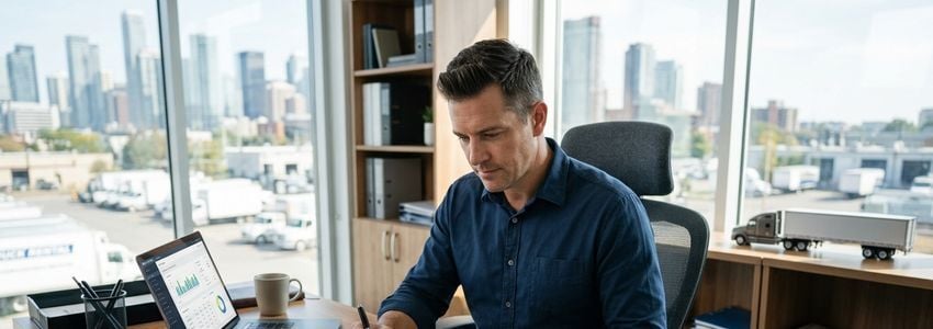 Truck rental business owner reviewing fleet financing paperwork in a commercial office with trucks visible in the background