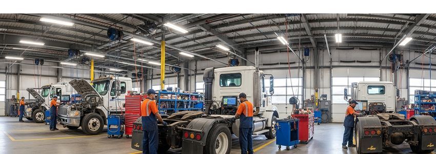 truck repair shop owner reviewing financing documents at their commercial vehicle service bay