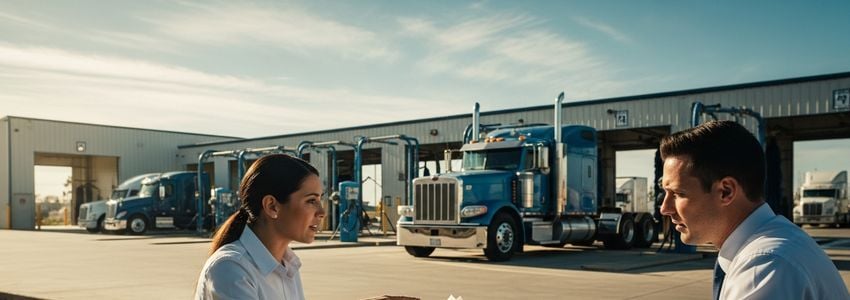 Truck wash business owner reviewing financing options with commercial vehicles in the background