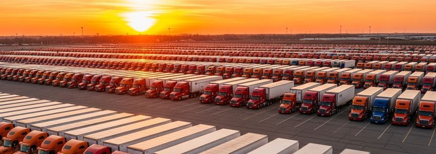 Fleet of commercial semi-trucks parked at a logistics terminal - trucking business loans