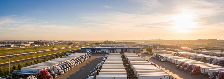 Trucking business fleet yard at sunset showing commercial trucks and logistics operations