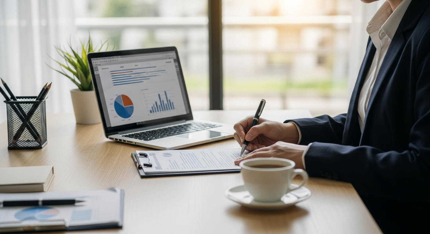 Business owner reviewing trucking company loan documents at a modern office desk