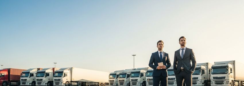 Trucking company owner reviewing business financing options at a desk with fleet paperwork