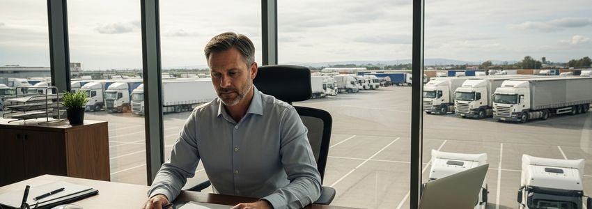 Fleet manager reviewing trucking company loan documents with semi-trucks visible in background
