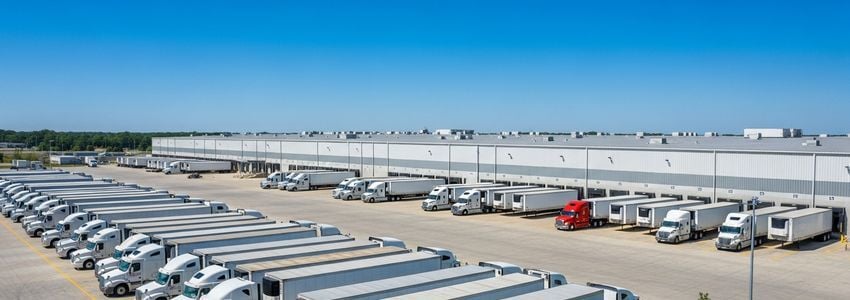 A large fleet of commercial semi-trucks at a modern trucking terminal representing trucking equipment financing opportunities for business owners