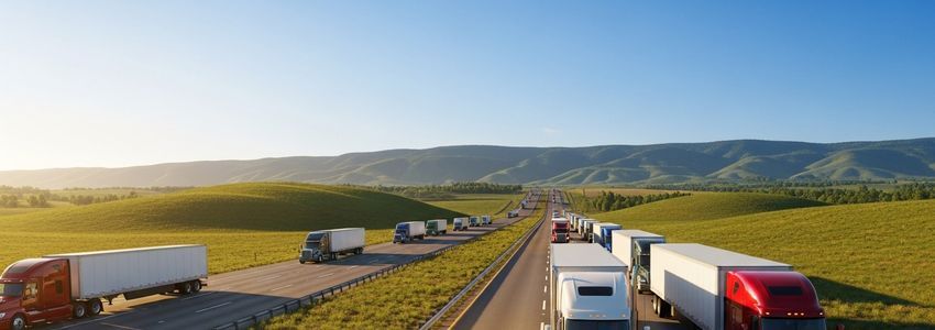 Trucking company fleet vehicles lined up on an interstate highway - Crestmont Capital fleet financing