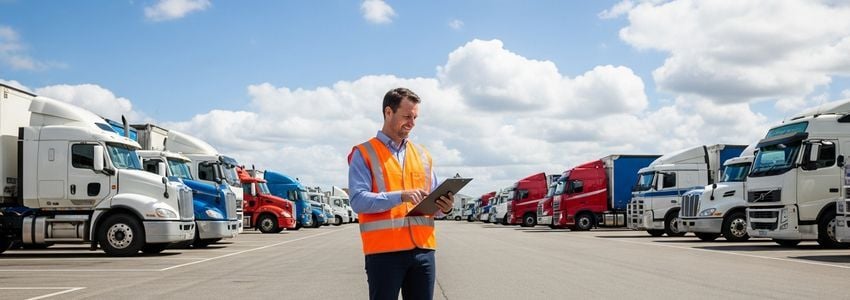 Fleet manager reviewing trucking financing documents in a commercial truck yard
