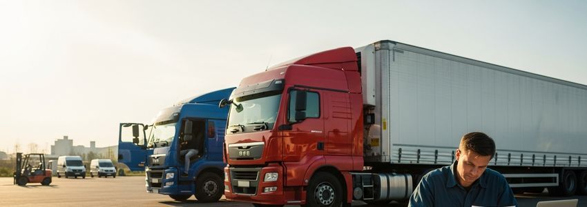 Fleet of commercial trucks at a freight terminal - small business loans for trucking companies