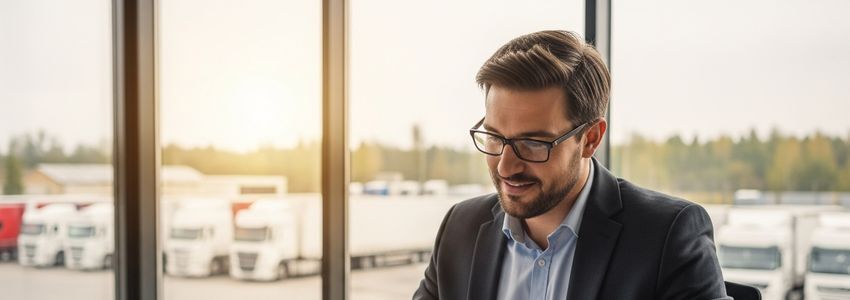 Trucking company owner reviewing fleet financing documents