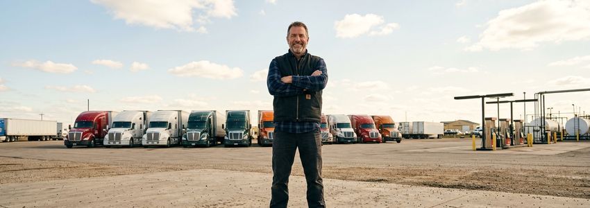 Trucking company owner reviewing fuel costs and financing options with a fleet of trucks in the background