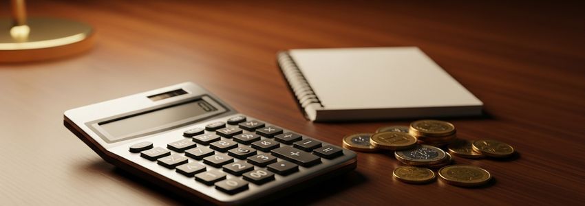 Financial calculator and coins on a desk representing the true cost of a business loan