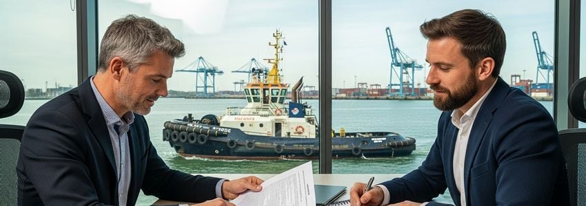 Maritime business professionals reviewing tugboat financing documents at a port office