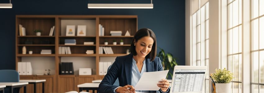 Professional tutoring business owner reviewing financing documents at a modern desk