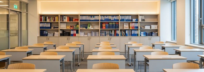 Modern tutoring center classroom with organized desks and educational resources ready for students