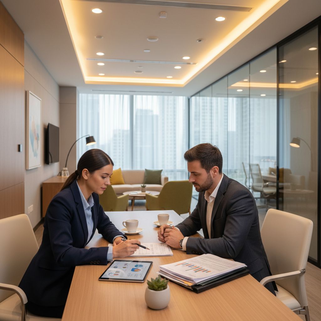 A professional lender presenting business financing options to a small business owner at a desk