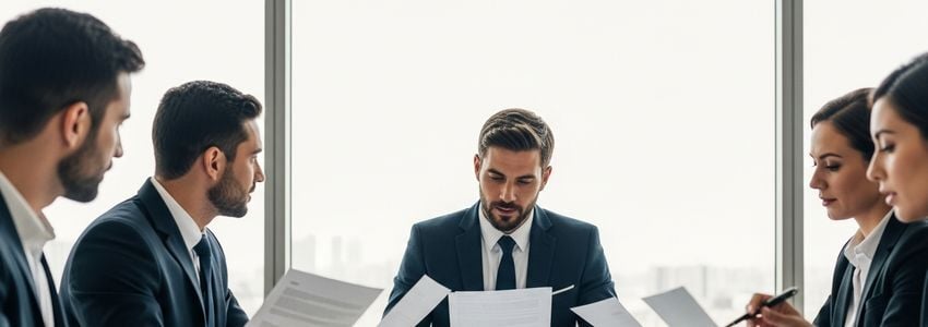 Business professional reviewing UCC filing documents and secured lending agreements in a professional office setting