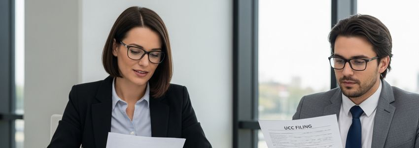 Business professional reviewing UCC filing documents at an office desk