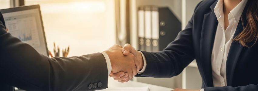 Business owner and lender shaking hands after reviewing UCC filing documentation