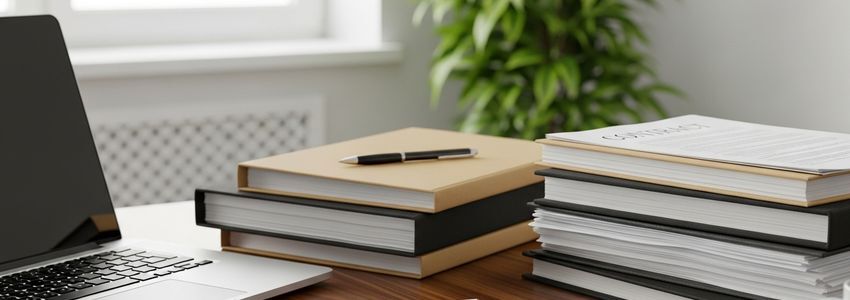 Business professionals reviewing UCC filing documents and loan paperwork