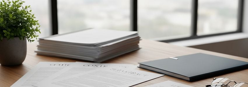 Business owner reviewing loan documents and UCC records at a modern office desk