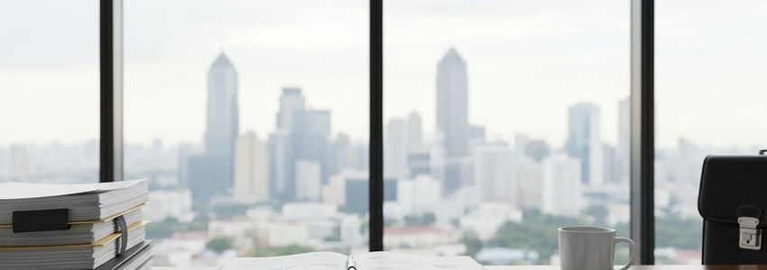 Business office desk with financial documents and city skyline, illustrating professional financing and UCC statement management