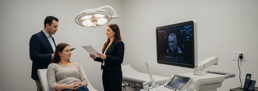 Medical professional using an ultrasound machine in a clinical setting
