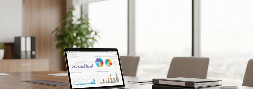 Business loan underwriting process - a professional reviews financial data on a laptop in a modern office setting