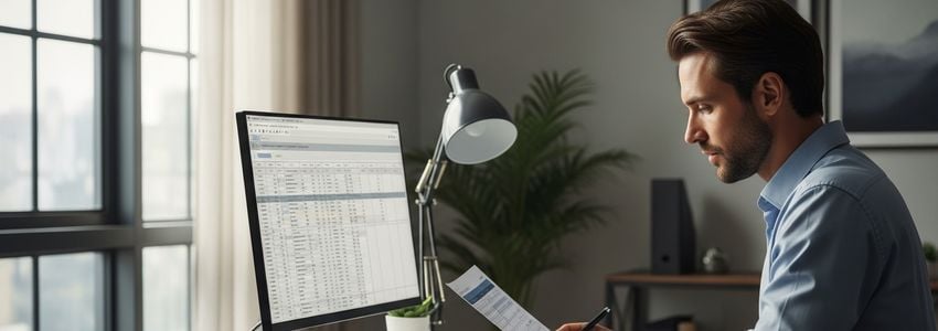 Uniform supply business owner reviewing financing documents at their warehouse