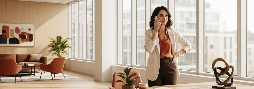 Business professional following up on unpaid invoices by phone in a modern office