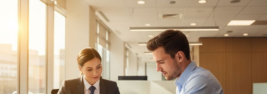 Business owner reviewing unsecured business loan options with a financial advisor at a modern office