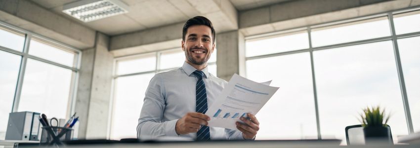 Business professional reviewing unsecured loan rates and financing options at a modern office desk