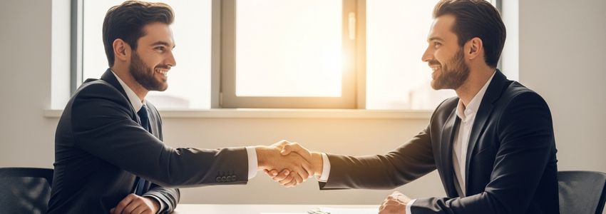 Business professionals shaking hands on an unsecured business loan agreement in a modern office