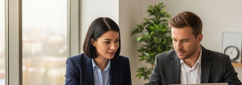 Business professionals reviewing UPS Store franchise loan documents in a professional office setting