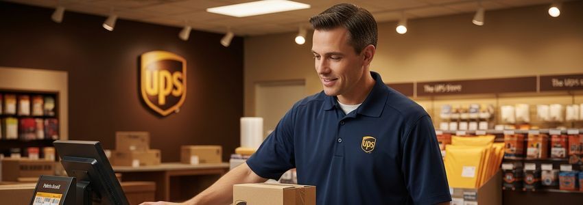 UPS Store franchise owner helping customer at the counter