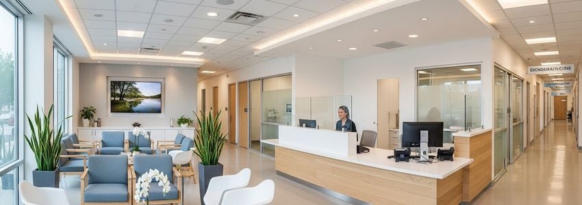 Modern urgent care clinic interior with waiting room and examination rooms