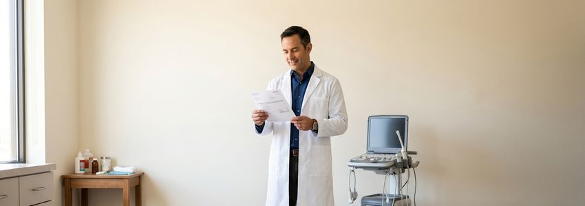 Urgent care clinic owner reviewing an equipment financing invoice near a portable ultrasound machine